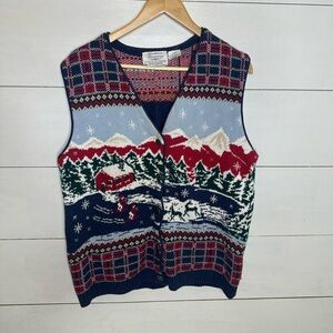 Vintage Northern Treasures by Parkhurst Winter Sweater Vest Red Blue Cabin Large